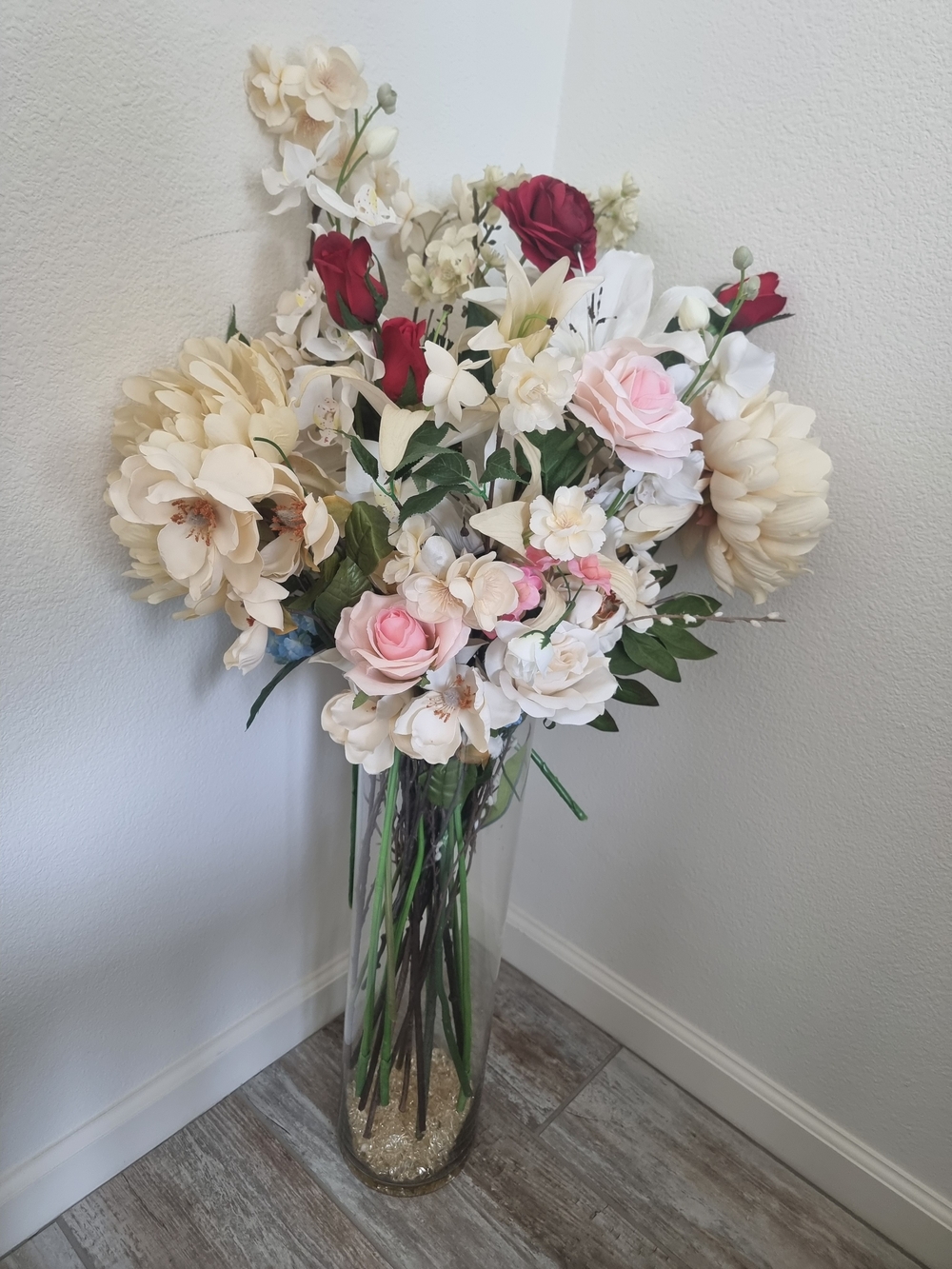 Elegant Mixed Silk Flower Arrangement - Cream, Pink & Red